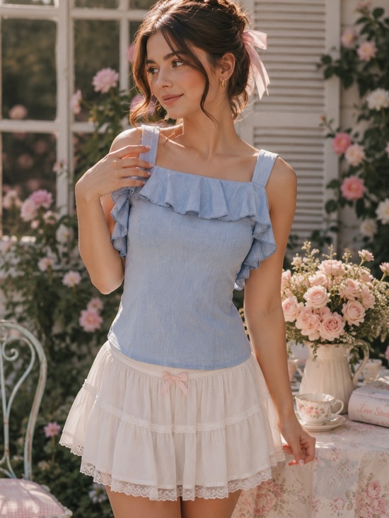 Maven West Tops - Maven West blue chambray ruffle top size small